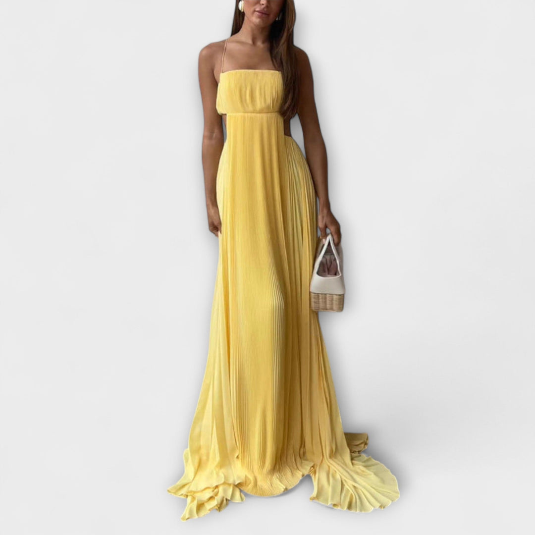 Mireille - Elegantne Maxi Obleke s Pliseji in Izrezi