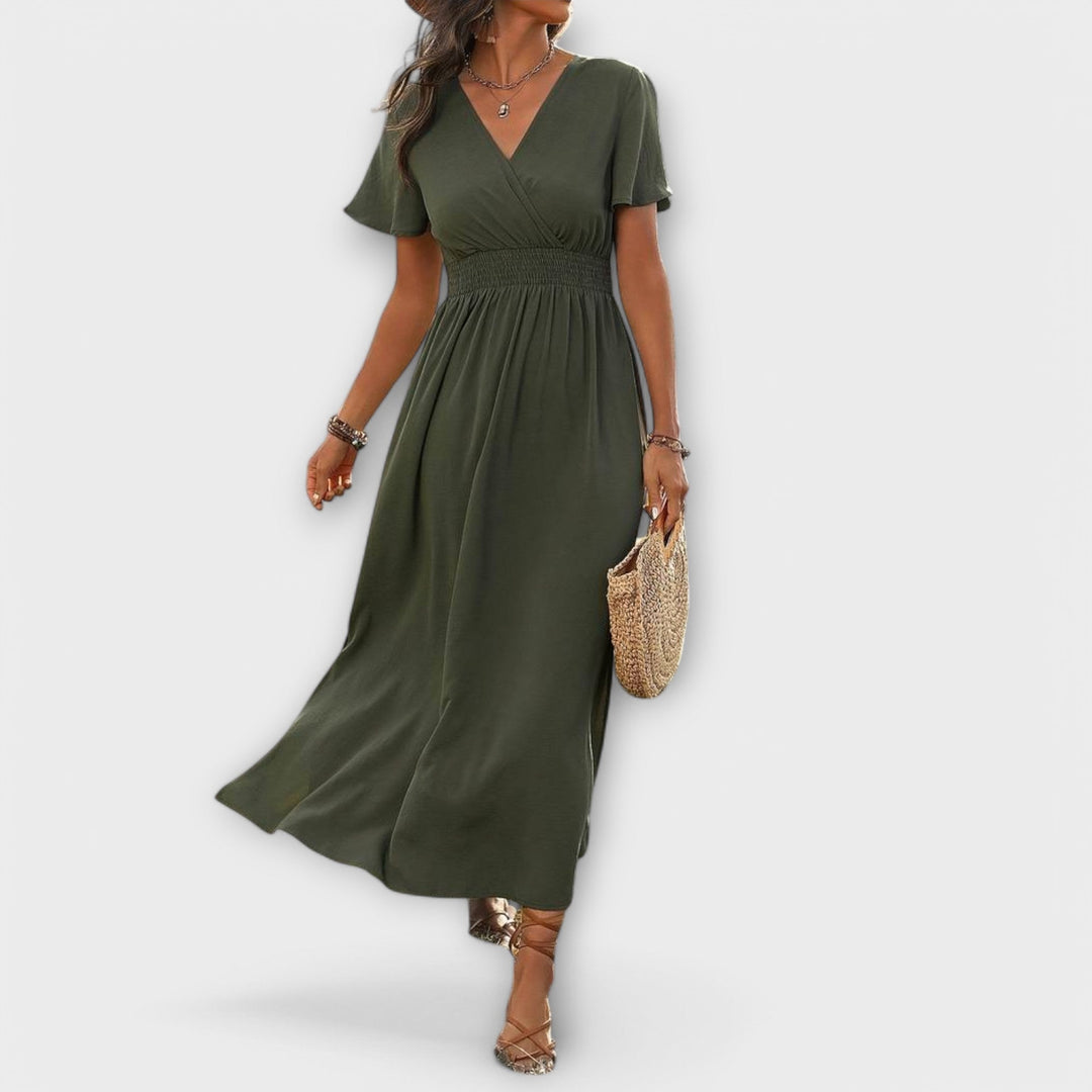 Heather - Elegantna Boho Obleka z V-Izrezom in Dolgimi Rokavi