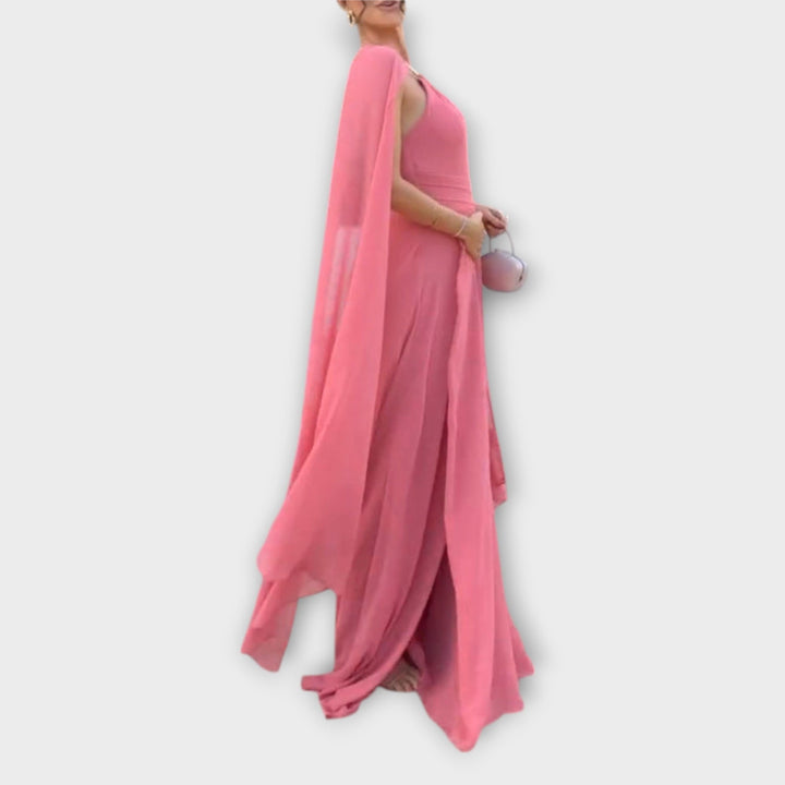 Mabel - Elegantne maxi obleke s plaščem in visokim razporkom