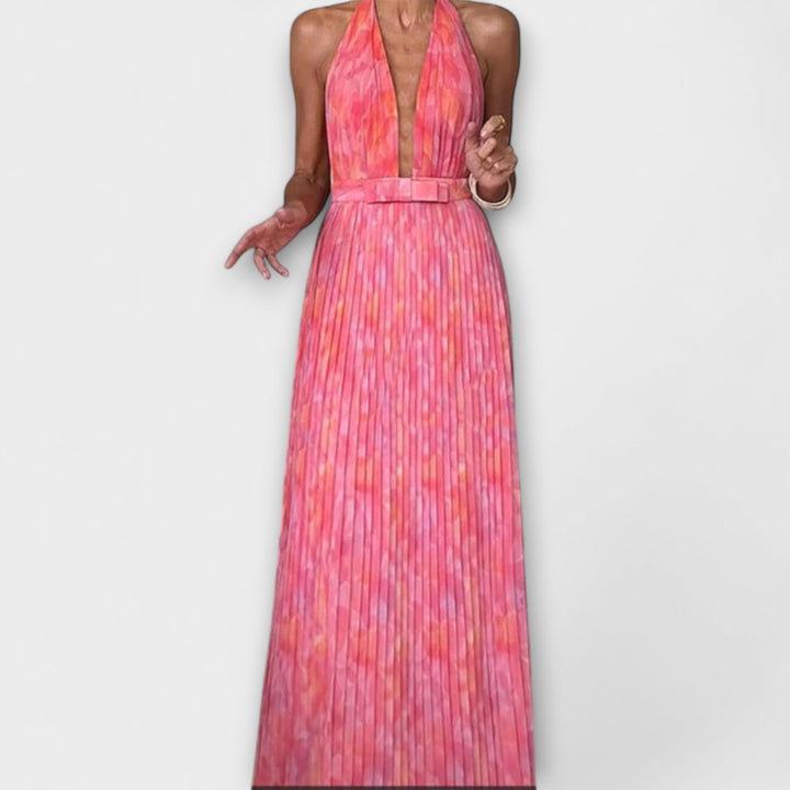 Seraphina - Elegantne Maxi Oblačilo s Halter Ovratnikom in V Izrezom