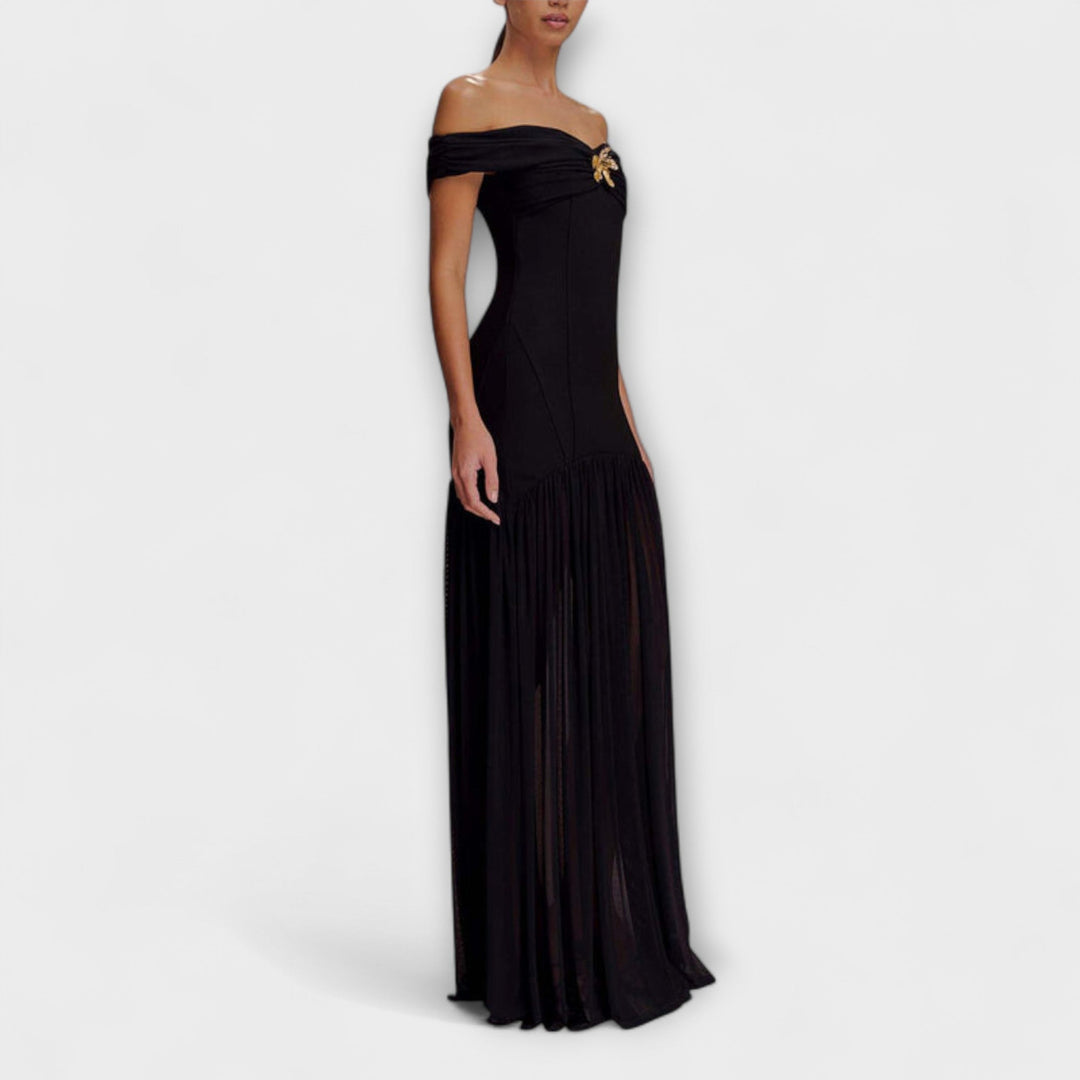 Maelie - Eleganten brezramenski bodycon maxi obleka s cvetličnimi okraski