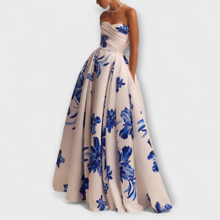 Rosalie - Šik off-shoulder cvetlična maxi obleka