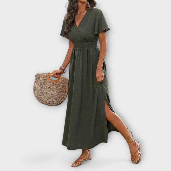 Heather - Elegantna Boho Obleka z V-Izrezom in Dolgimi Rokavi