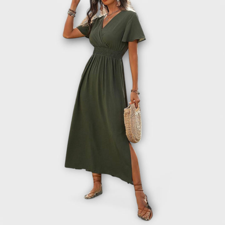 Heather - Elegantna Boho Obleka z V-Izrezom in Dolgimi Rokavi