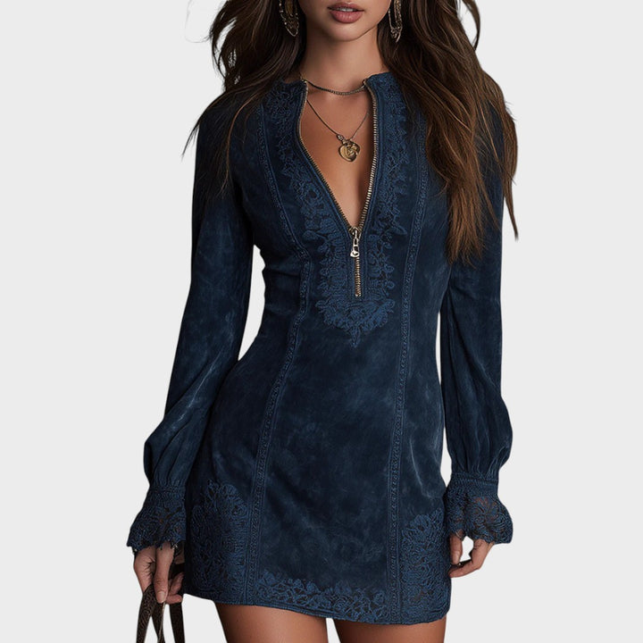 Veronika – Modra Suede Mini Obleka z Čipko