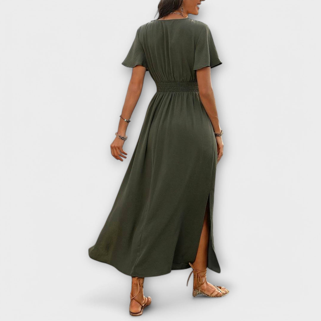 Heather - Elegantna Boho Obleka z V-Izrezom in Dolgimi Rokavi