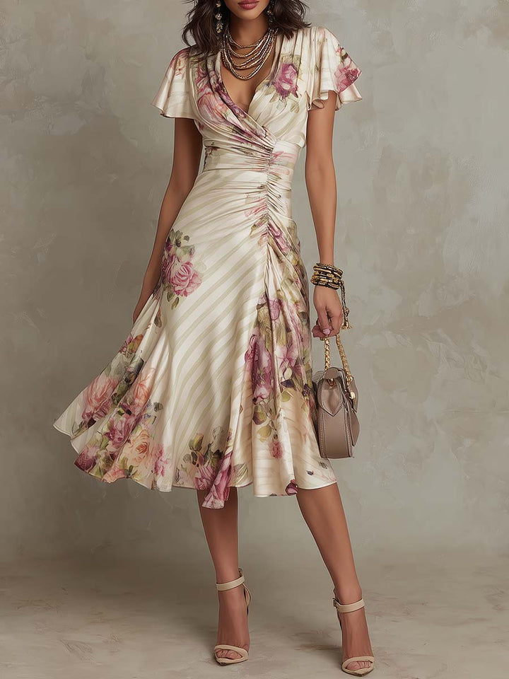 Margaret - Vintage Satenski Midi Cvjetni Haljina