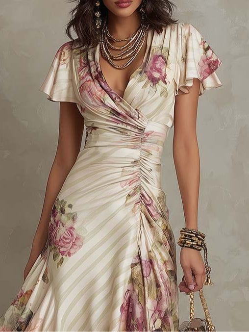 Margaret - Vintage Satenski Midi Cvjetni Haljina