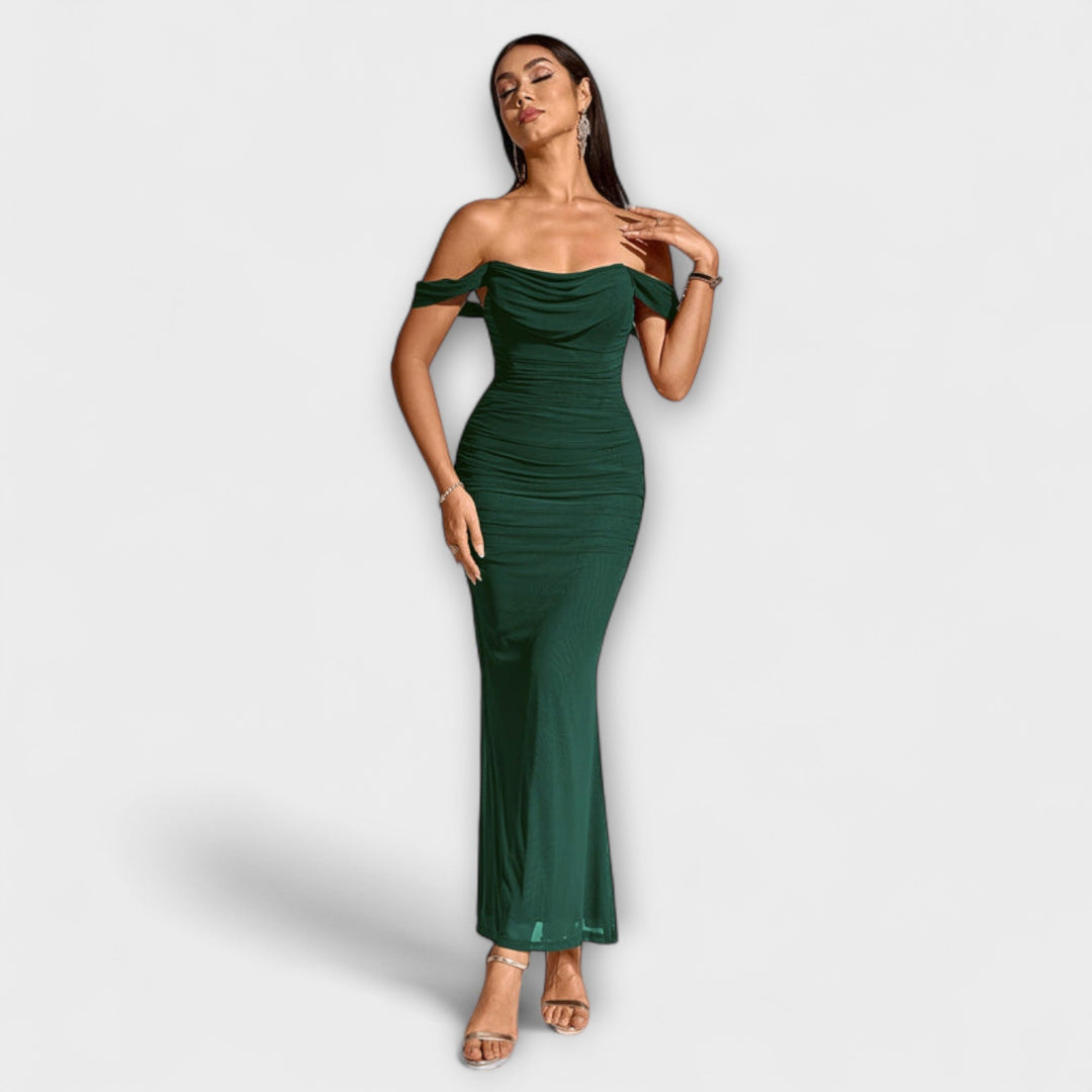 Ione - Bodycon obleka z odprtimi rameni in nabiranjem
