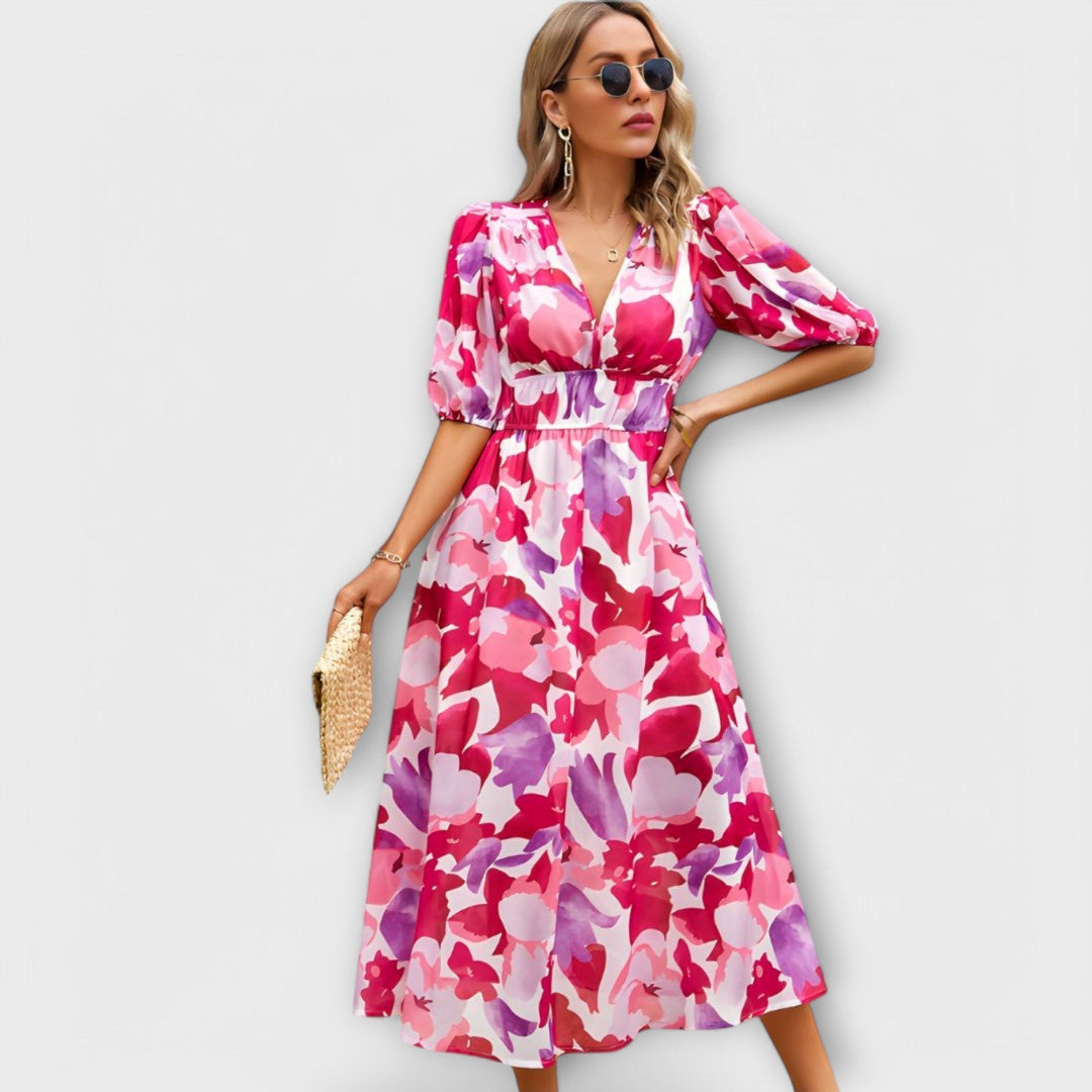 Abstraktne Maxi Obleke z Puff Rokavi