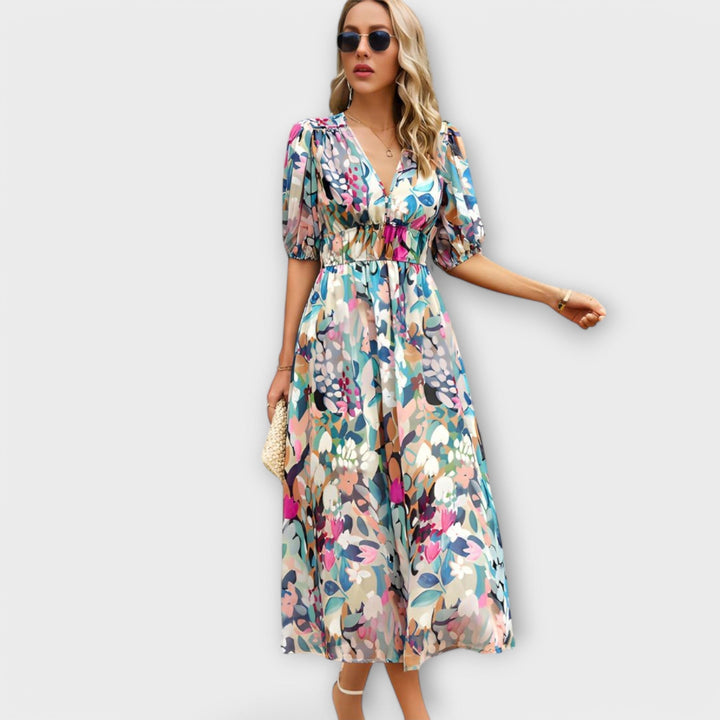 Abstraktne Maxi Obleke z Puff Rokavi