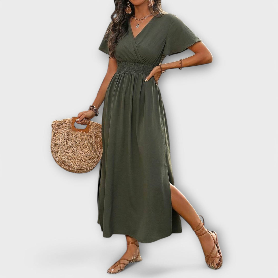 Heather - Elegantna Boho Obleka z V-Izrezom in Dolgimi Rokavi