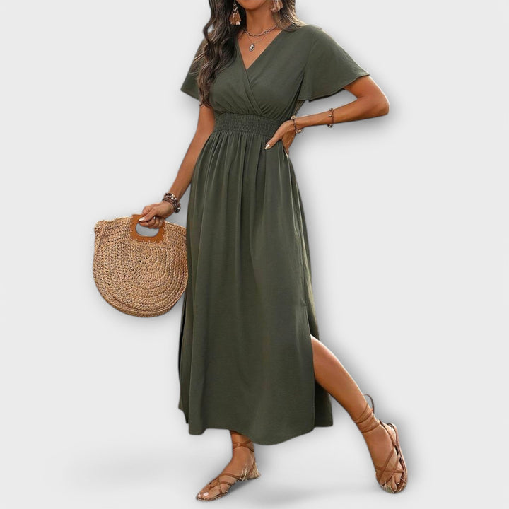 Heather - Elegantna Boho Obleka z V-Izrezom in Dolgimi Rokavi