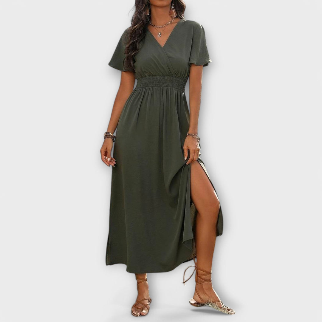 Heather - Elegantna Boho Obleka z V-Izrezom in Dolgimi Rokavi
